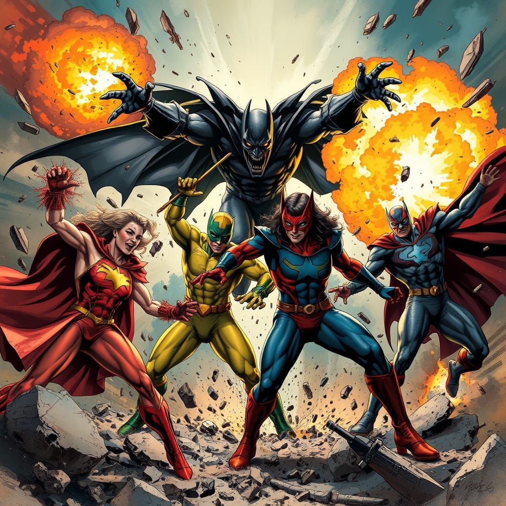 Superheroes Clash with Villain in Comic Book Style
