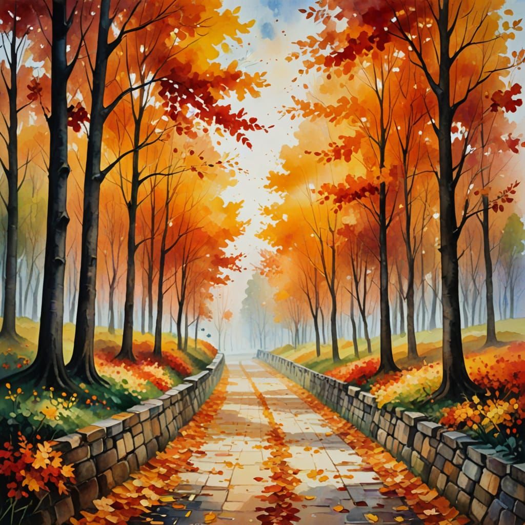 Autumn Park Scene in Watercolor Style