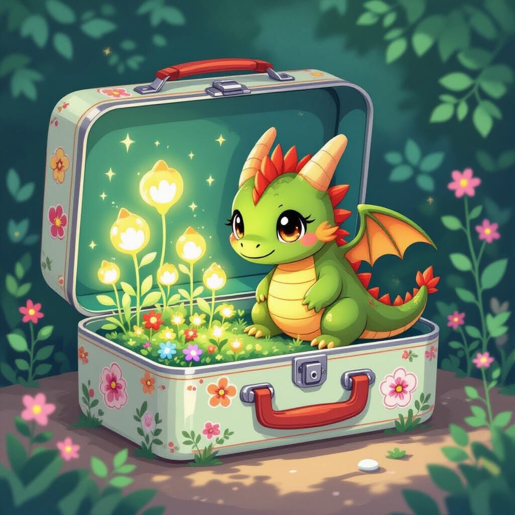 Kawaii Dragon's Bioluminescent Garden in a Lunchbox