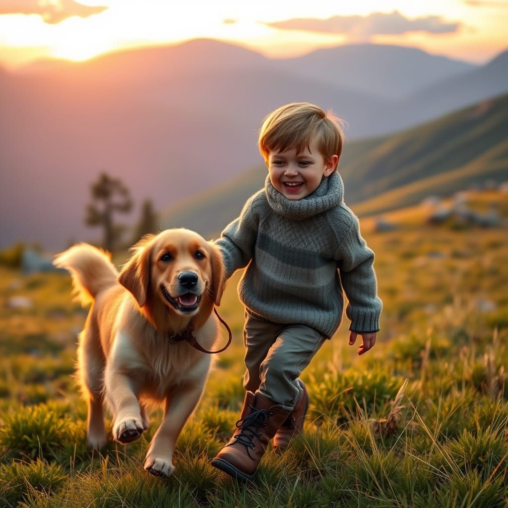Boy Plays Fetch with Golden Retriever in Whimsical Mountain ...