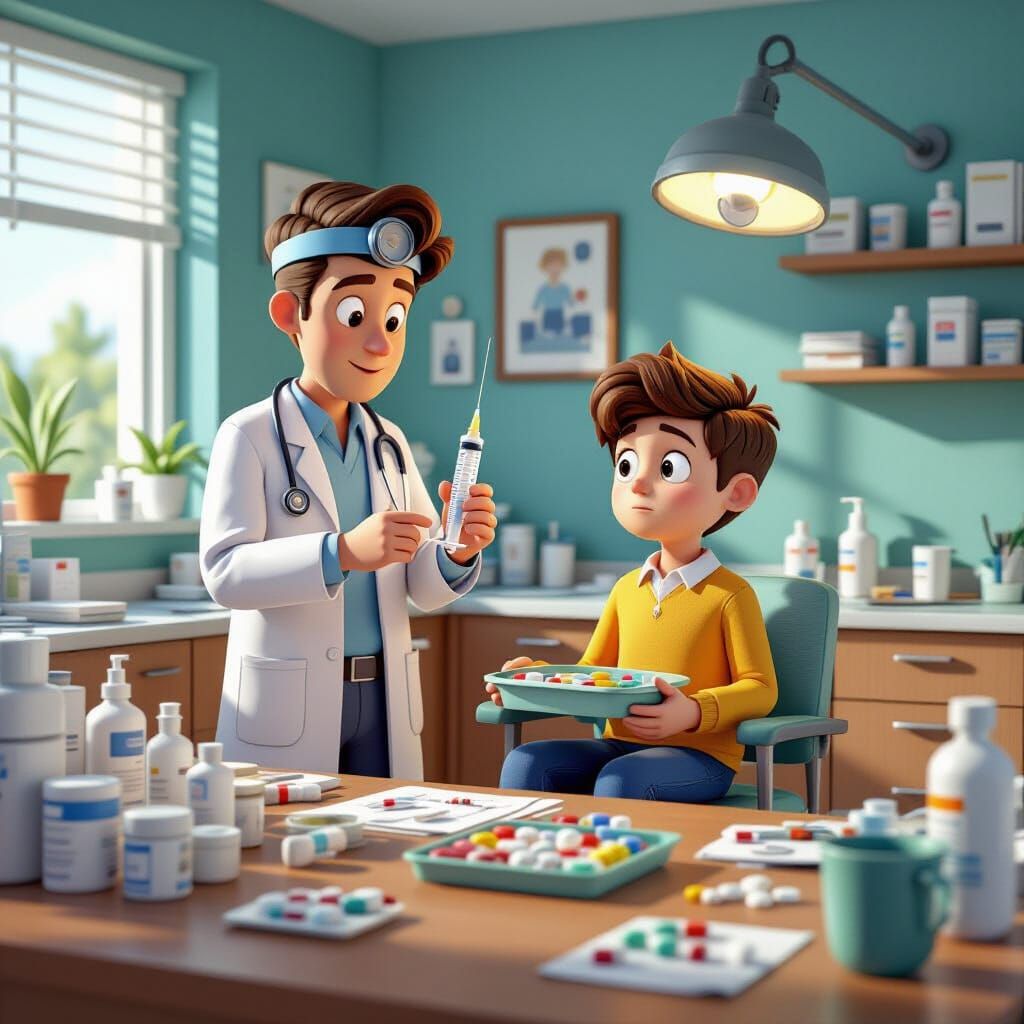 Cartoon Medical Office with Young Otolaryngologist