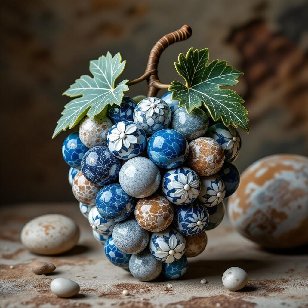 Surreal Stone Grape Sculpture with Blue Drill