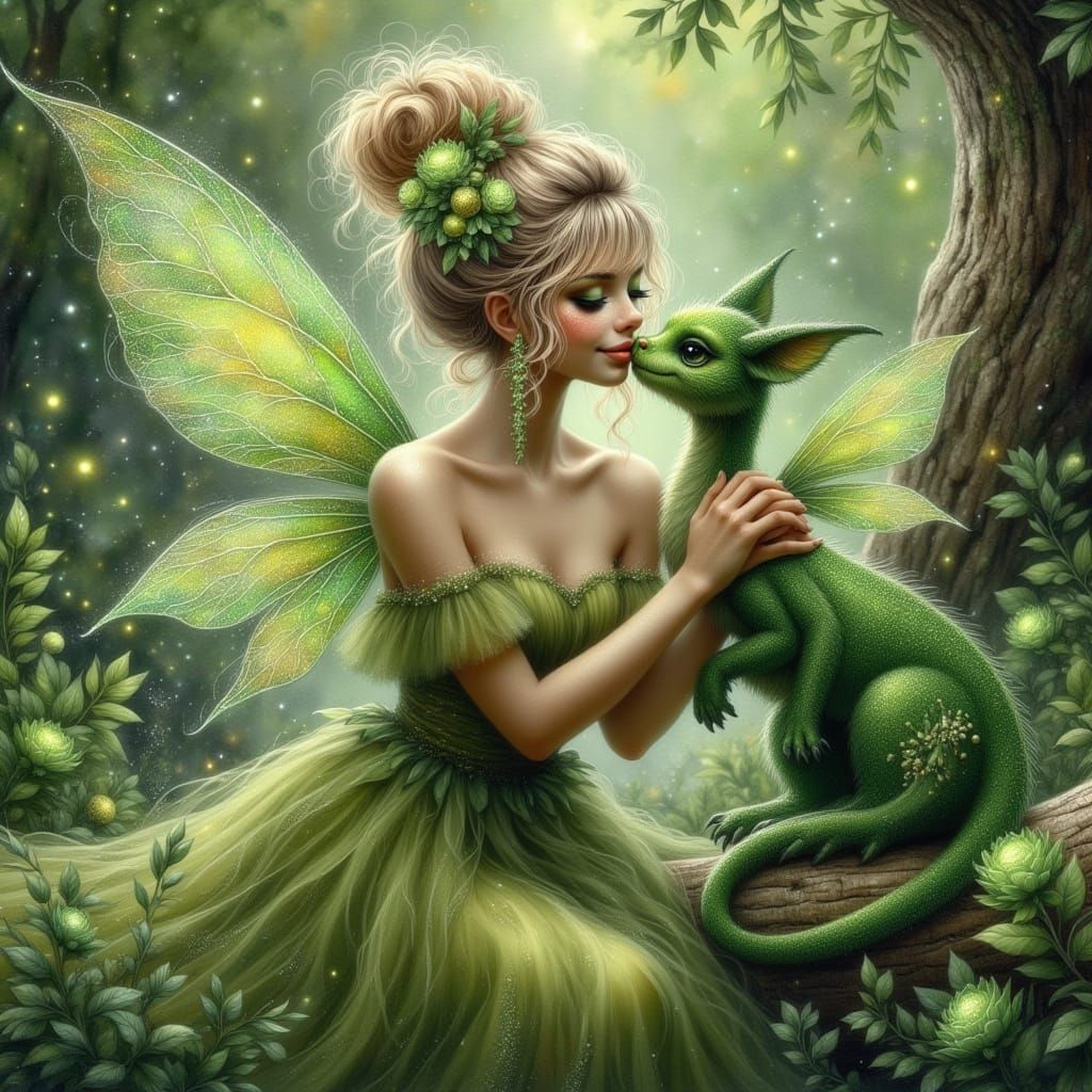 Fairy and Dragon Kiss in Enchanted Forest