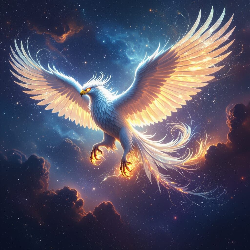 Bioluminescent Griffin Soaring Through Cosmic Nebula