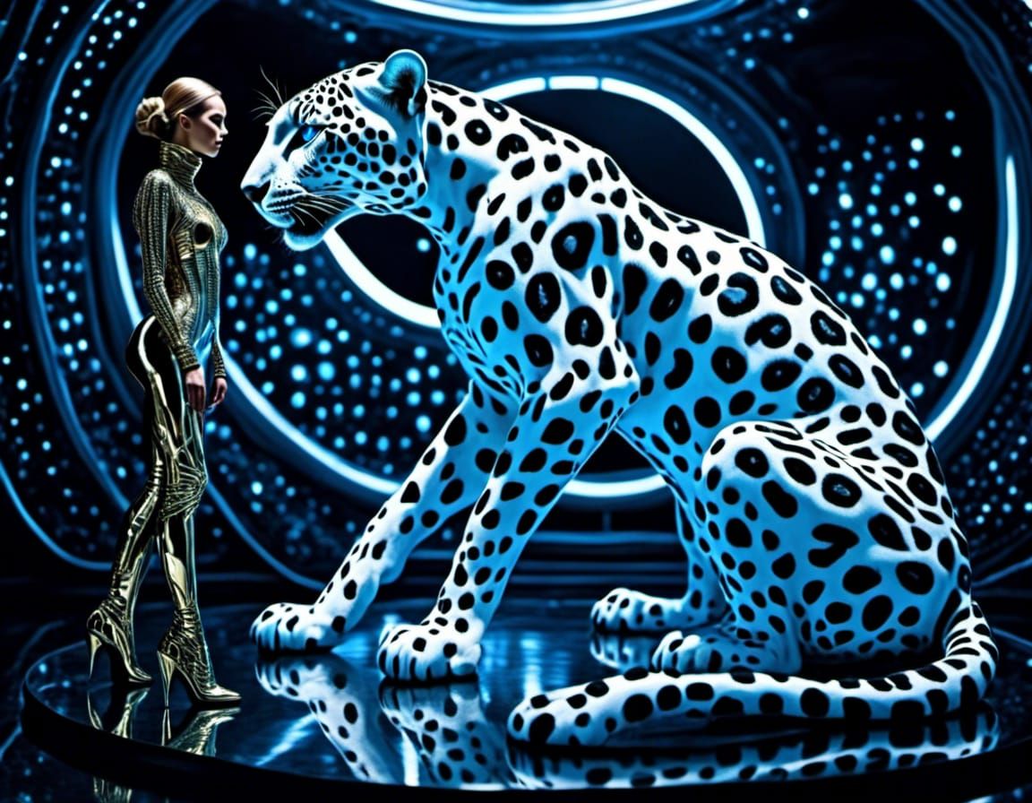 Cyborg Snow Leopard Faces Woman in Surreal Detail