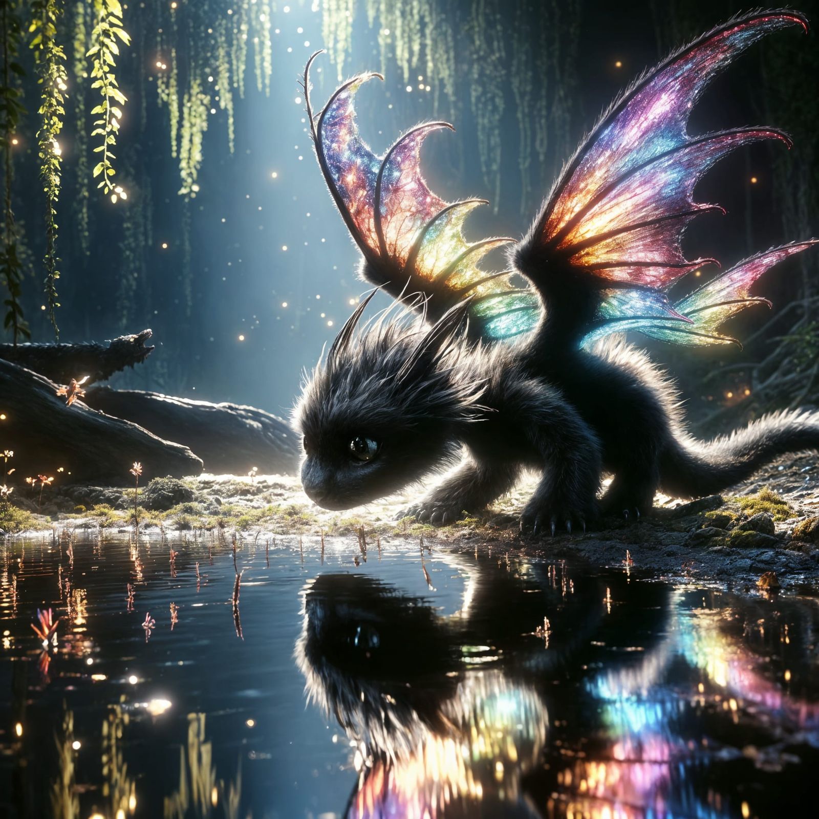 Adorable Black Dragon with Rainbow Wings in Forest