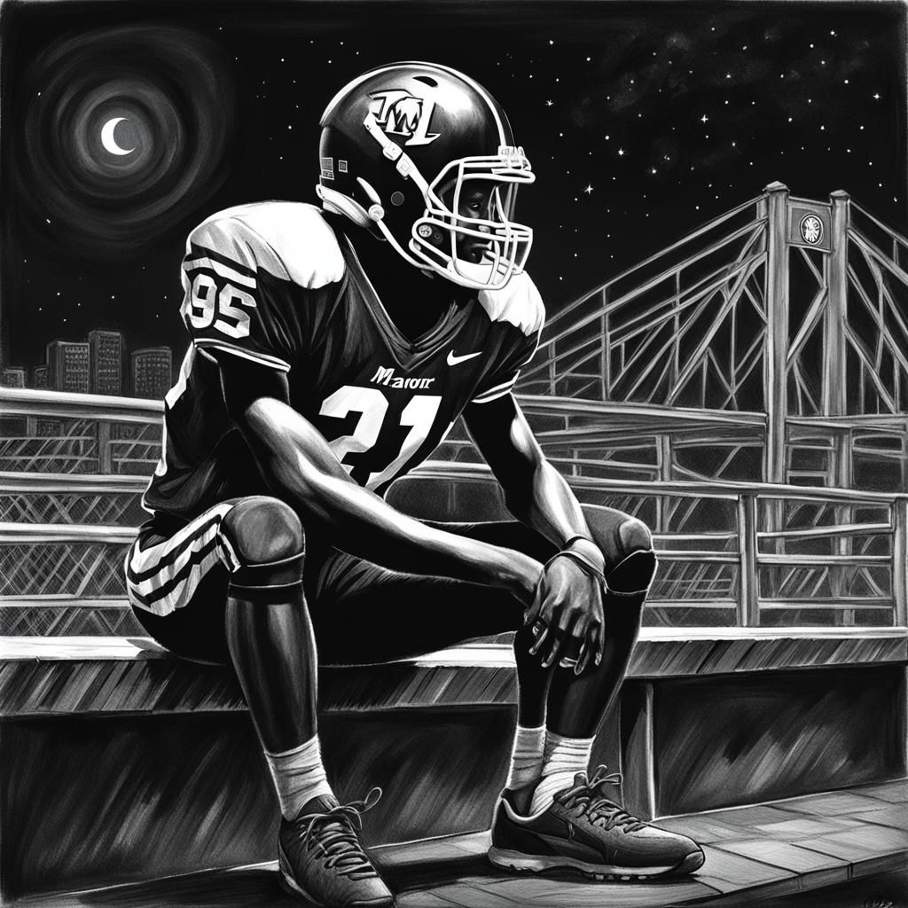 Football Player at Night: Hyperdetailed Charcoal Drawing