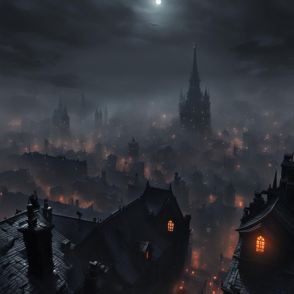 Eerie Bloodborne-Inspired Cityscape with Orange Lights