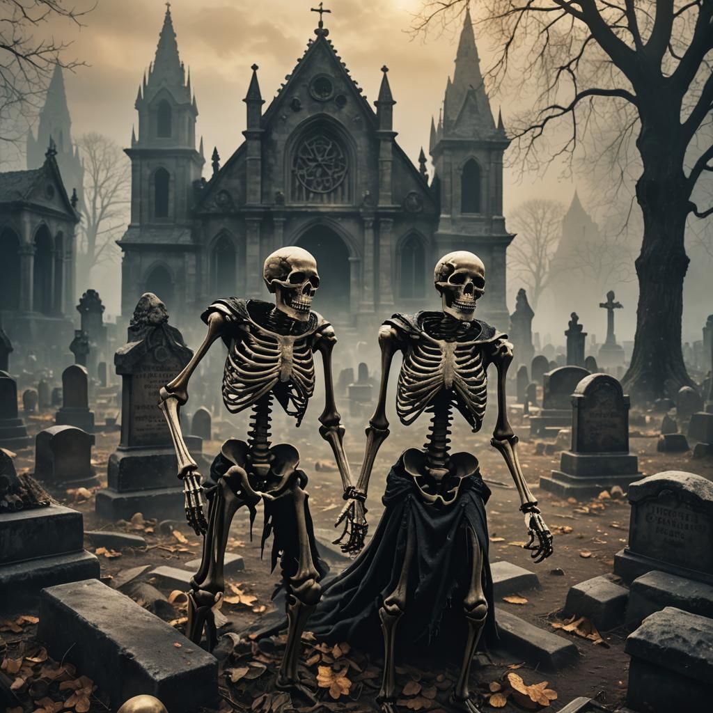 Skeletons Clash in Ancient Graveyard: Dark Fantasy Art