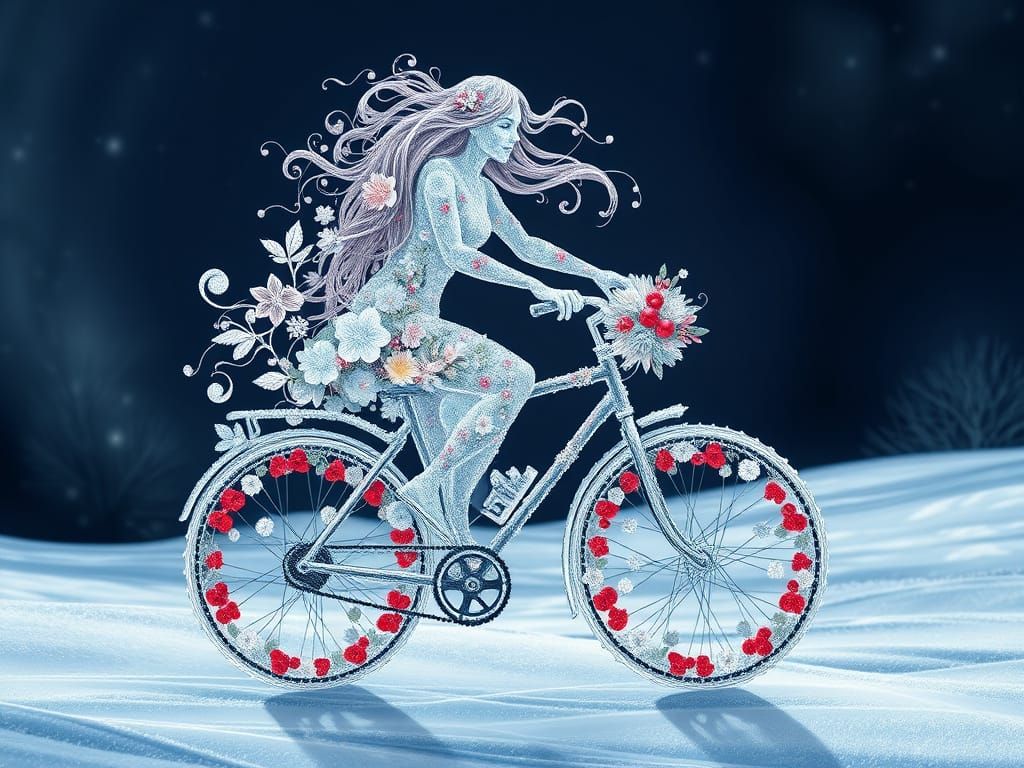 Ethereal Floral Cyclist Embarks on Whimsical Journey in Wint...
