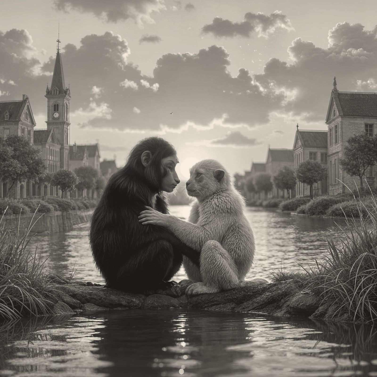Affectionate Gibbons Embrace at Sunset