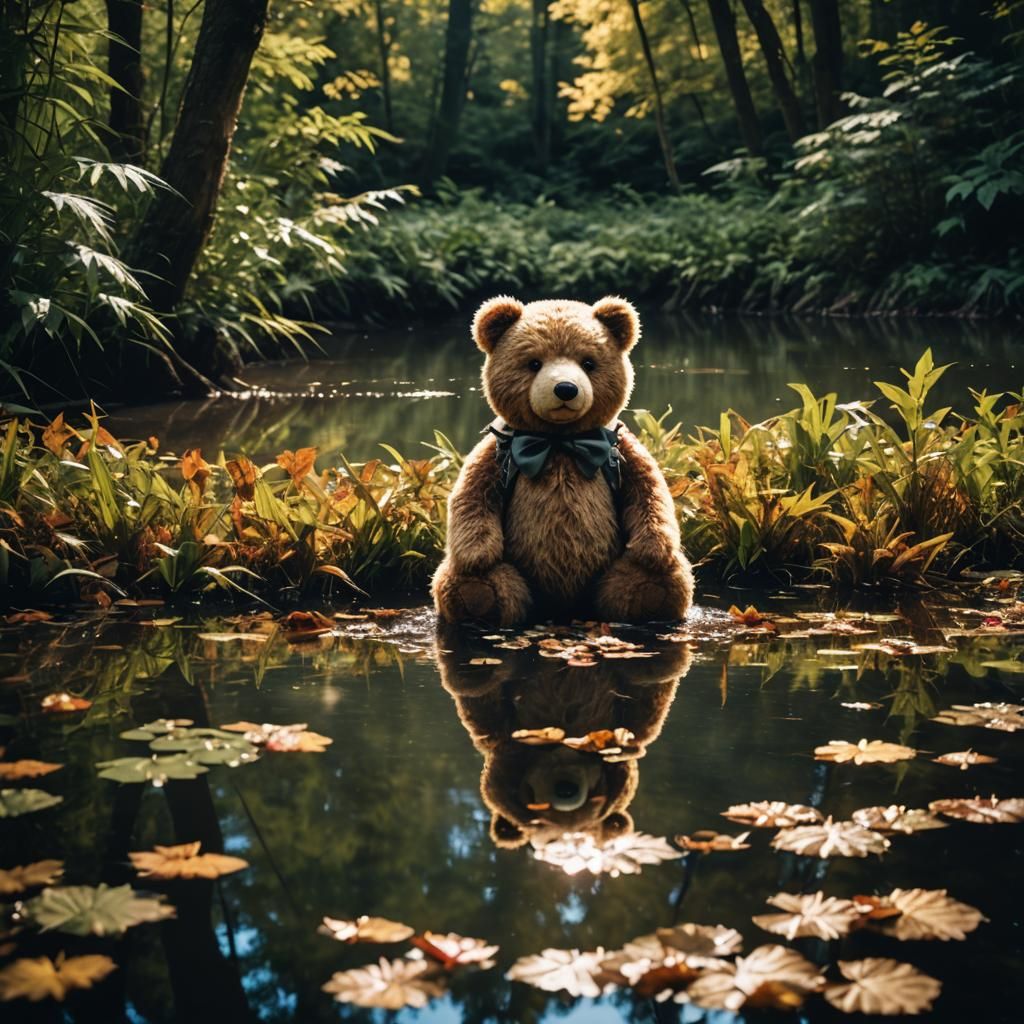 Teddy Bear Fishing at Night with Double Exposure