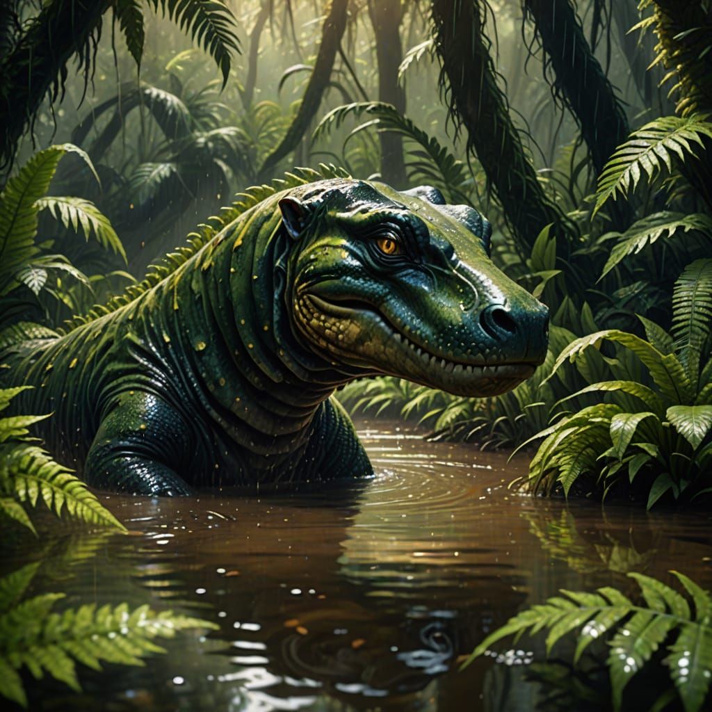 Hyper-Realistic Mokele-Mbembe in Lush Rainforest