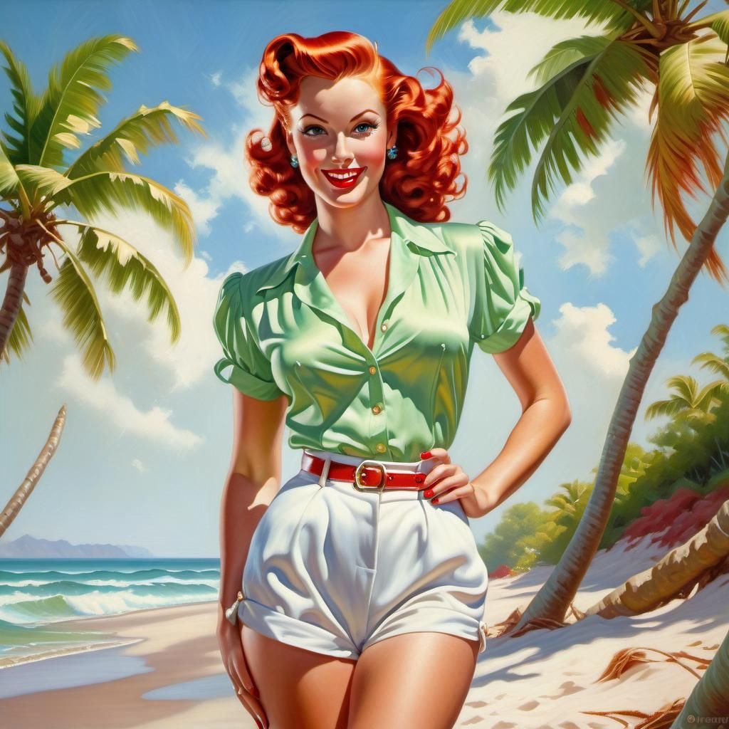 Elegant Woman on Tropical Beach as Oil Painting