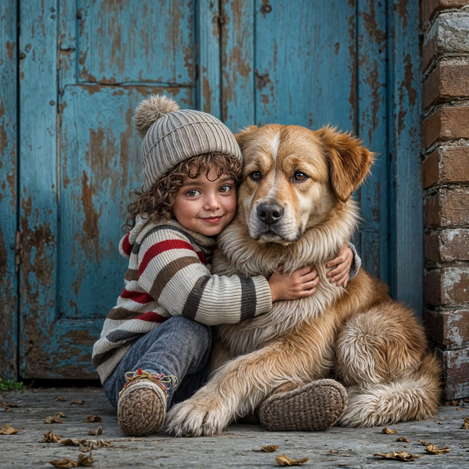 Photorealistic Young Child Hugs Loyal Dog in Cozy Winter Sce...