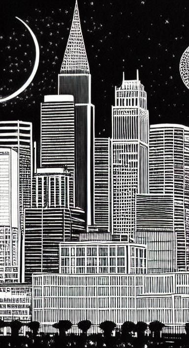 Atlanta Skyline at Night in Pen and Ink
