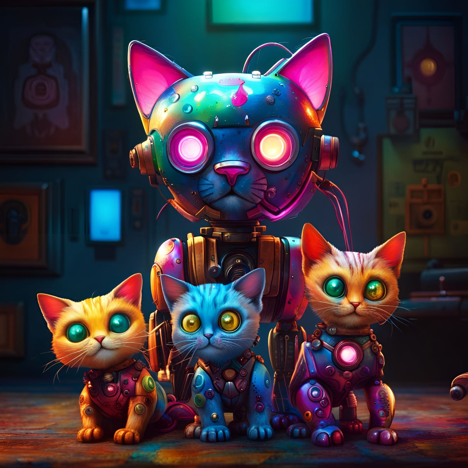 Hyperrealistic Robot Cat Family Portrait