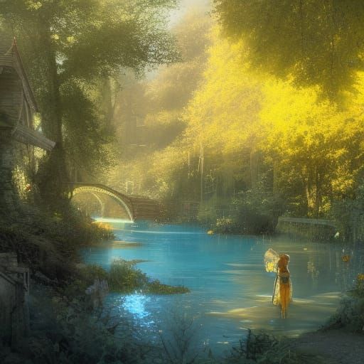 Gothic Village Beside Turquoise River in Dark Fantasy Style