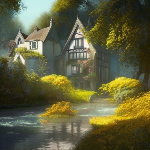 High Gothic Village Beside Turquoise River