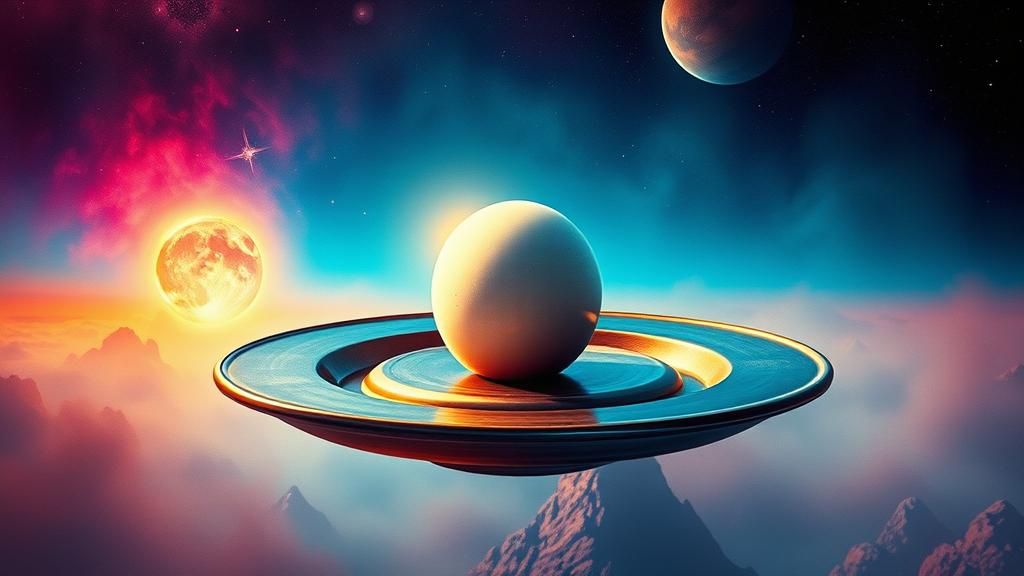 Surreal Flying Saucer with Egg in Alien Landscape