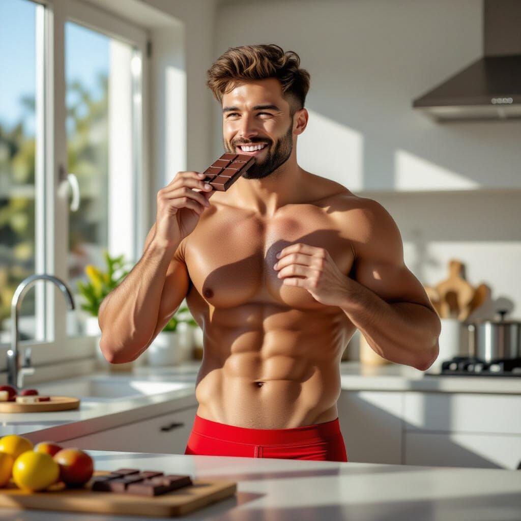 Fit Man Enjoying Chocolate in Modern Kitchen