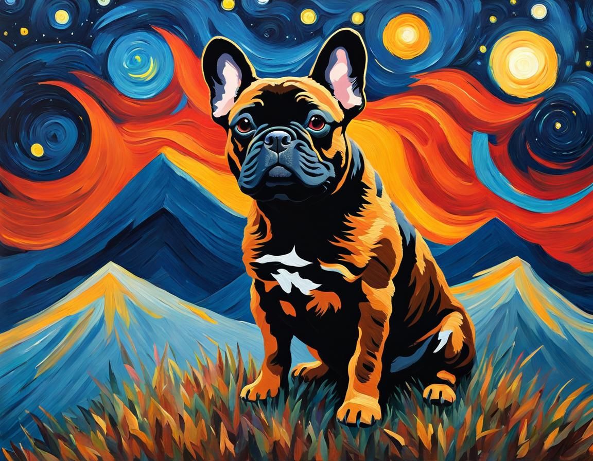 French Bulldog in Starry Night, Impasto Gouache Style