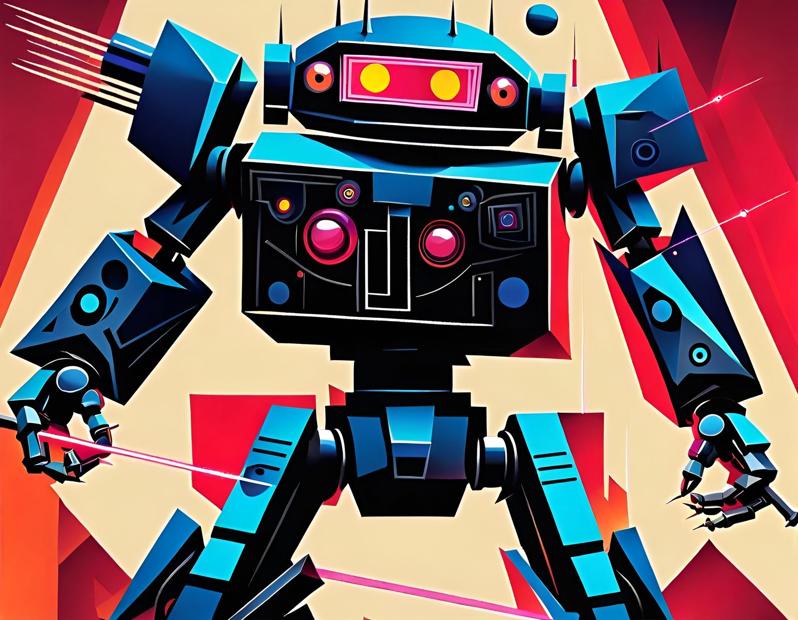 Menacing Robot with Laser Gun in Cubist Art Deco Style