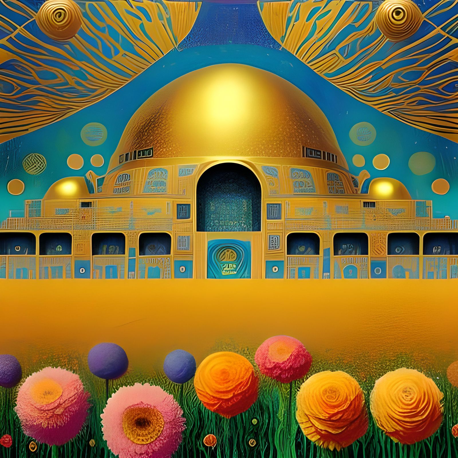 Dreamlike Futuristic Building in Floral Field