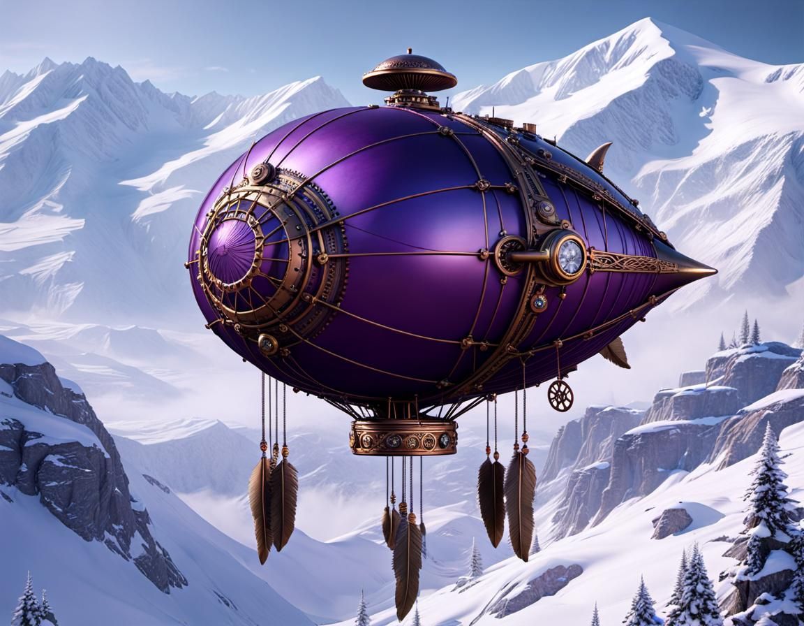 Steampunk Wolf Dreamcatcher Dirigible Over Snowy Mountains