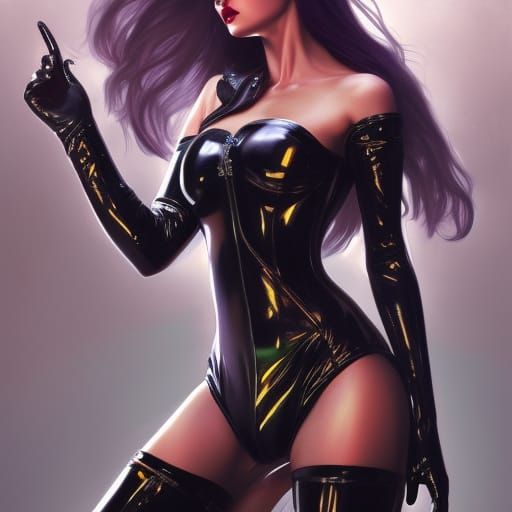 Elf Girl in Latex Catsuit: Art Nouveau Portrait