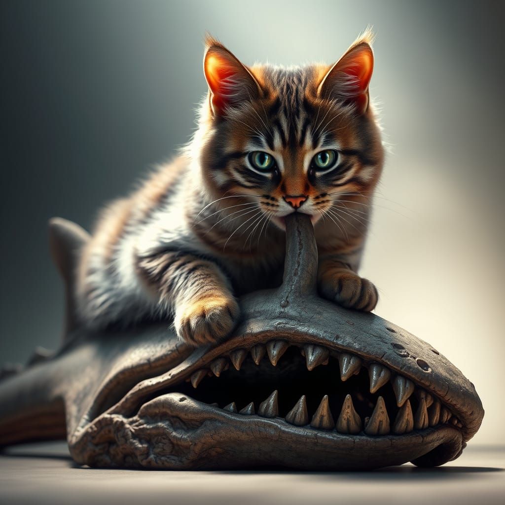 Hyper-Realistic Cat Devours Fossilized Megalodon