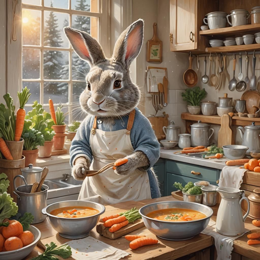 Adorable Bunny Chef Prepares Soup: Whimsical Oil Painting
