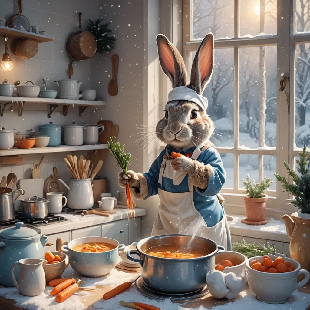 Bunny Chef in Cozy Kitchen: Whimsical Digital Art
