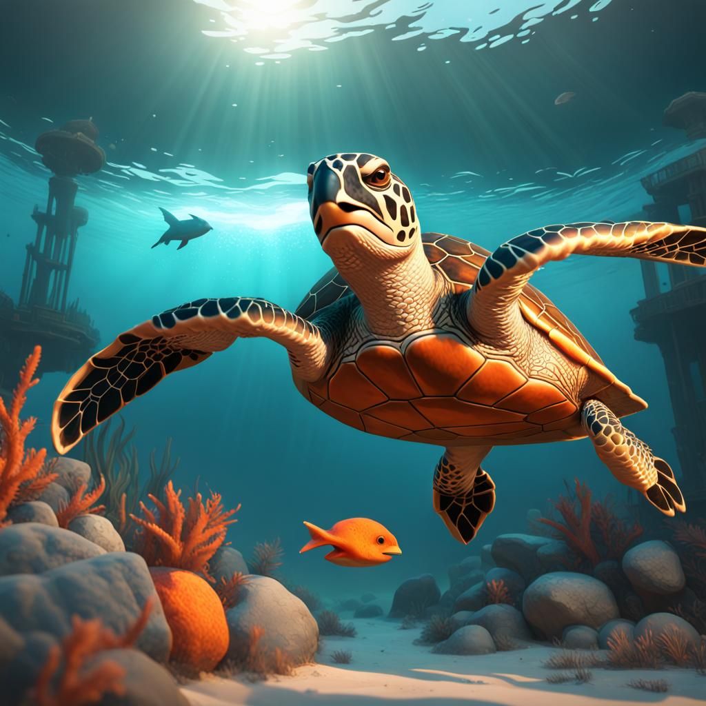 Sea Turtle and Bird: Hyperdetailed Concept Art