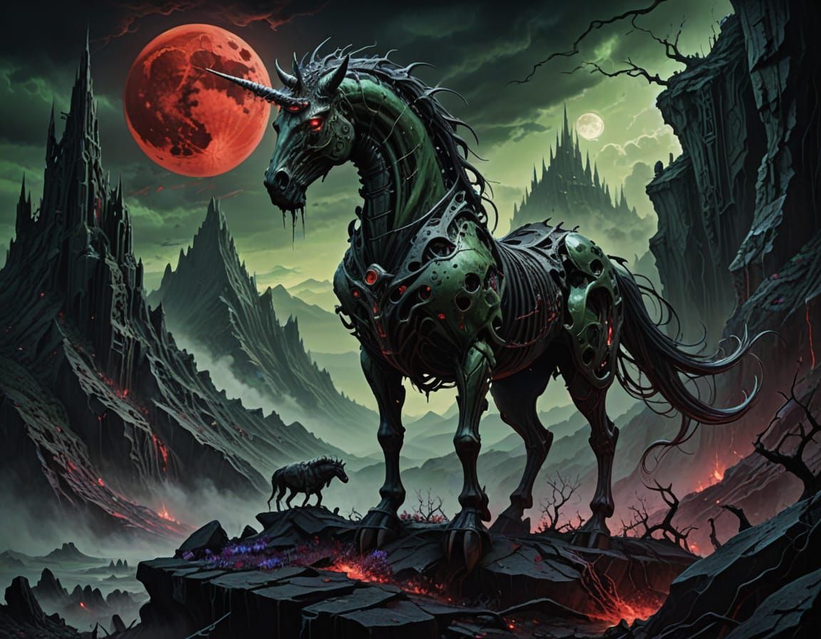 Ethereal Dark Fantasy Unicorn Amidst Ash Clouds and Blood Mo...