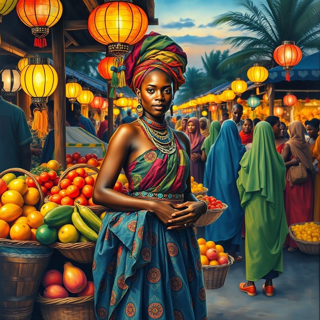 African Market Scene in Impasto Watercolor Style