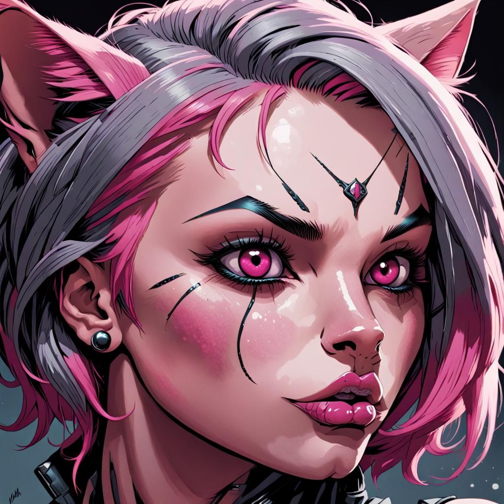 Feline Anthro with Piercings in Bold Comic Style