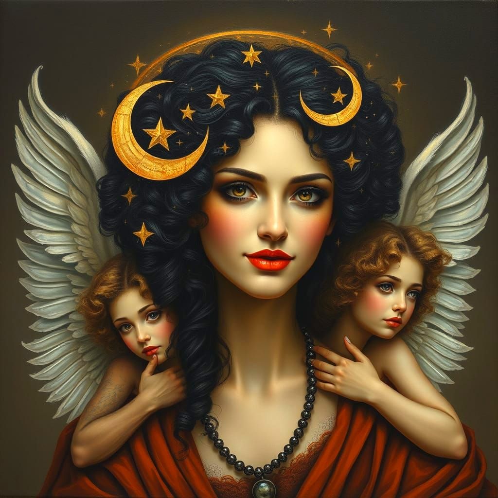 Bella Donna with Angels, Stars, and Moonlit Hair in Surreali...