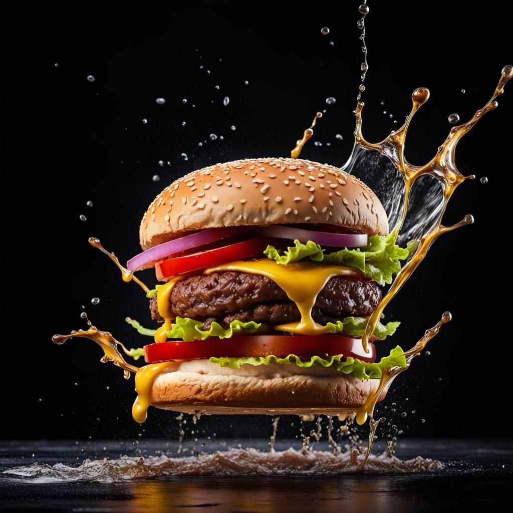 Dynamic Splashing Shot of Burger with Dramatic Lighting