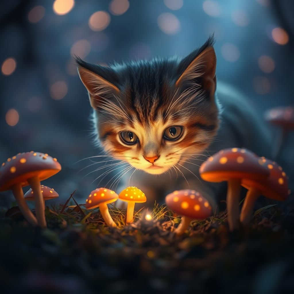 Cat Discovering Luminous Mushrooms in Dreamy Lightscape