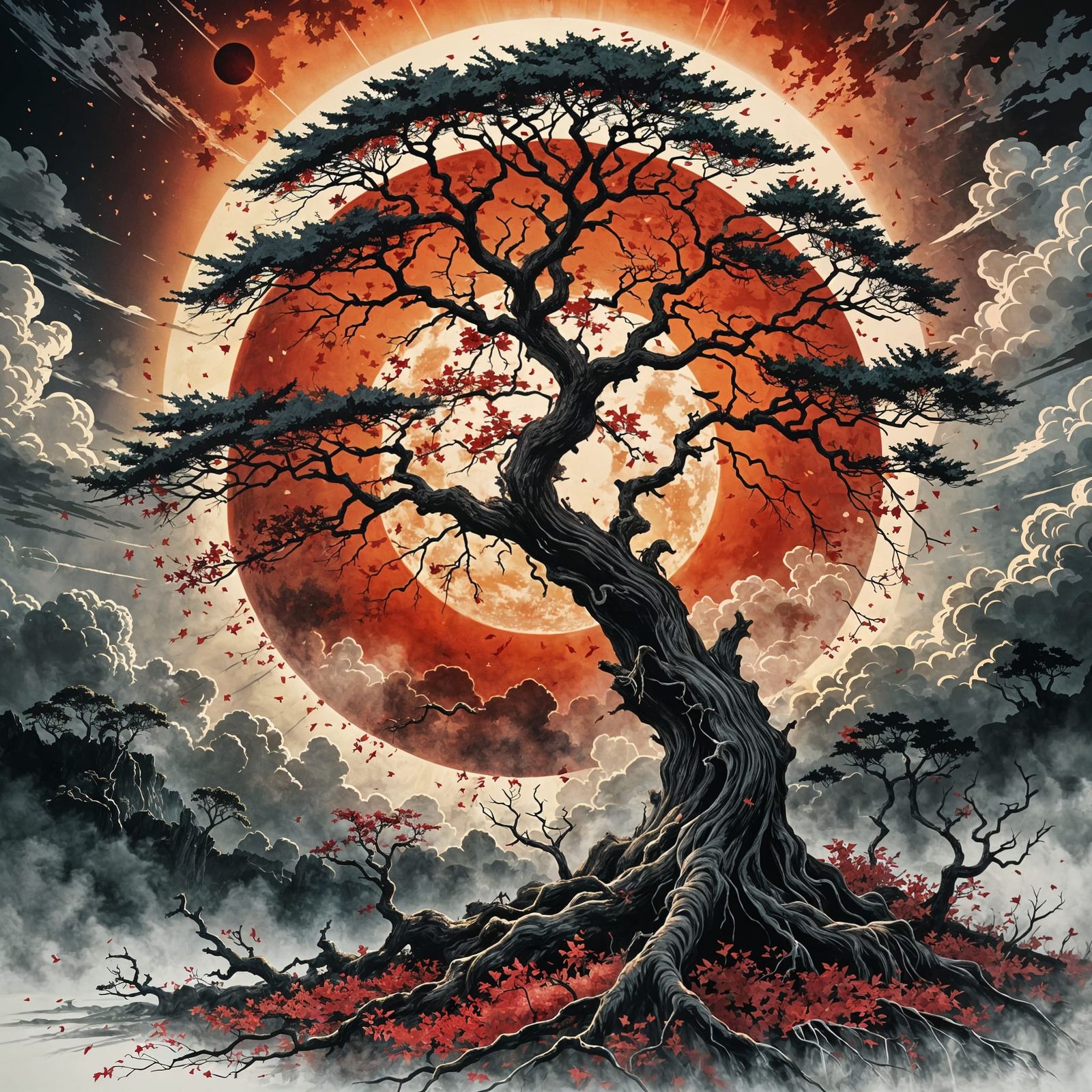 Ominous Autumn Tree with Red Sun Eclipse