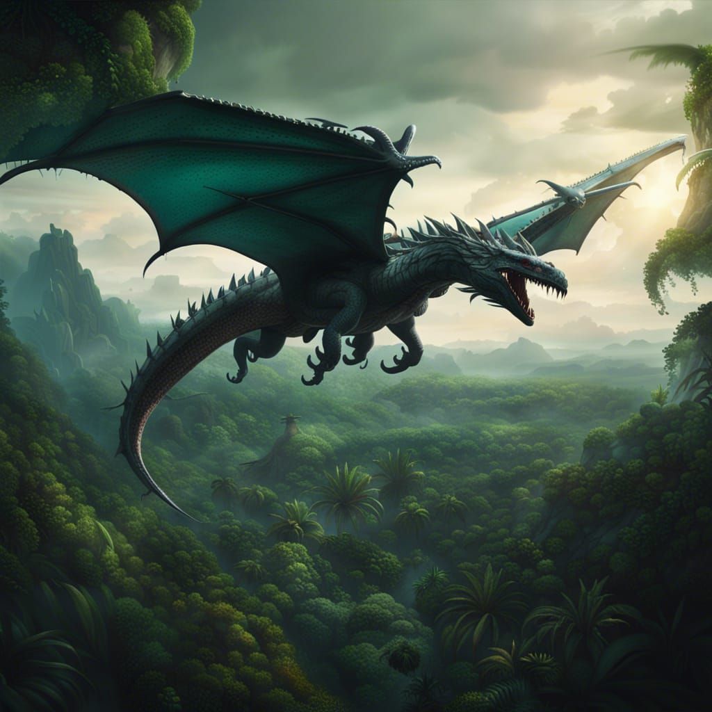 Lovecraftian Wyvern Hunting Over Jungle: Digital Matte Paint...