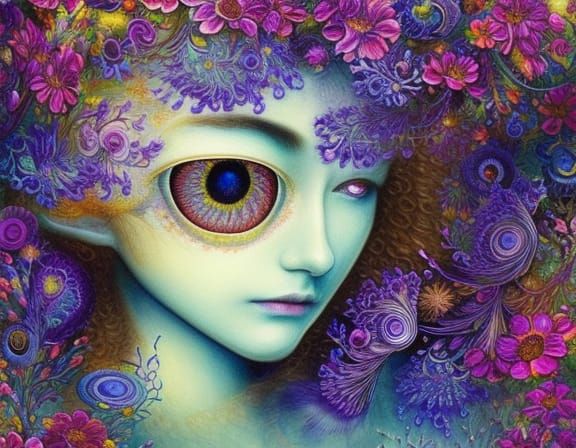 Embroidered Eye with Lace Flowers in Gouache Style