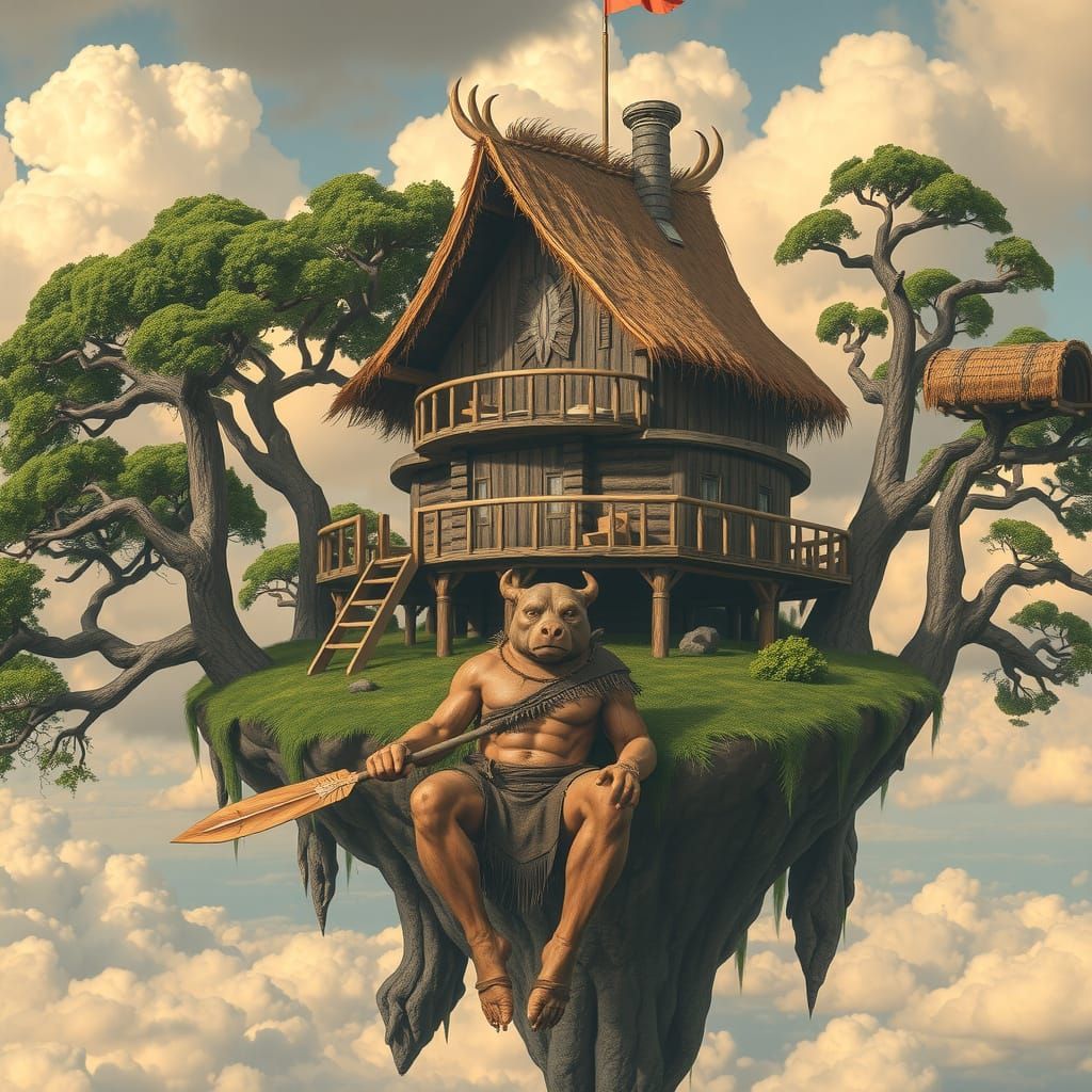 A paleolithic beefcake wearing a loincloth inside his massive elaborate treehouse on a floating island in the sky romane...