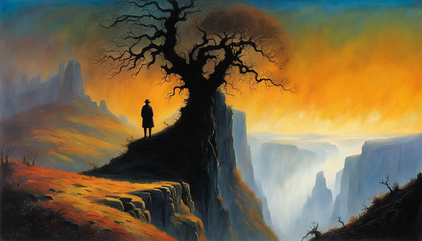 Figure Gazing into Abyss in Surreal Biomechanical Style