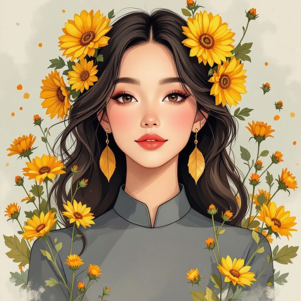 Woman with Autumnal Flowers, Delicate Illustration