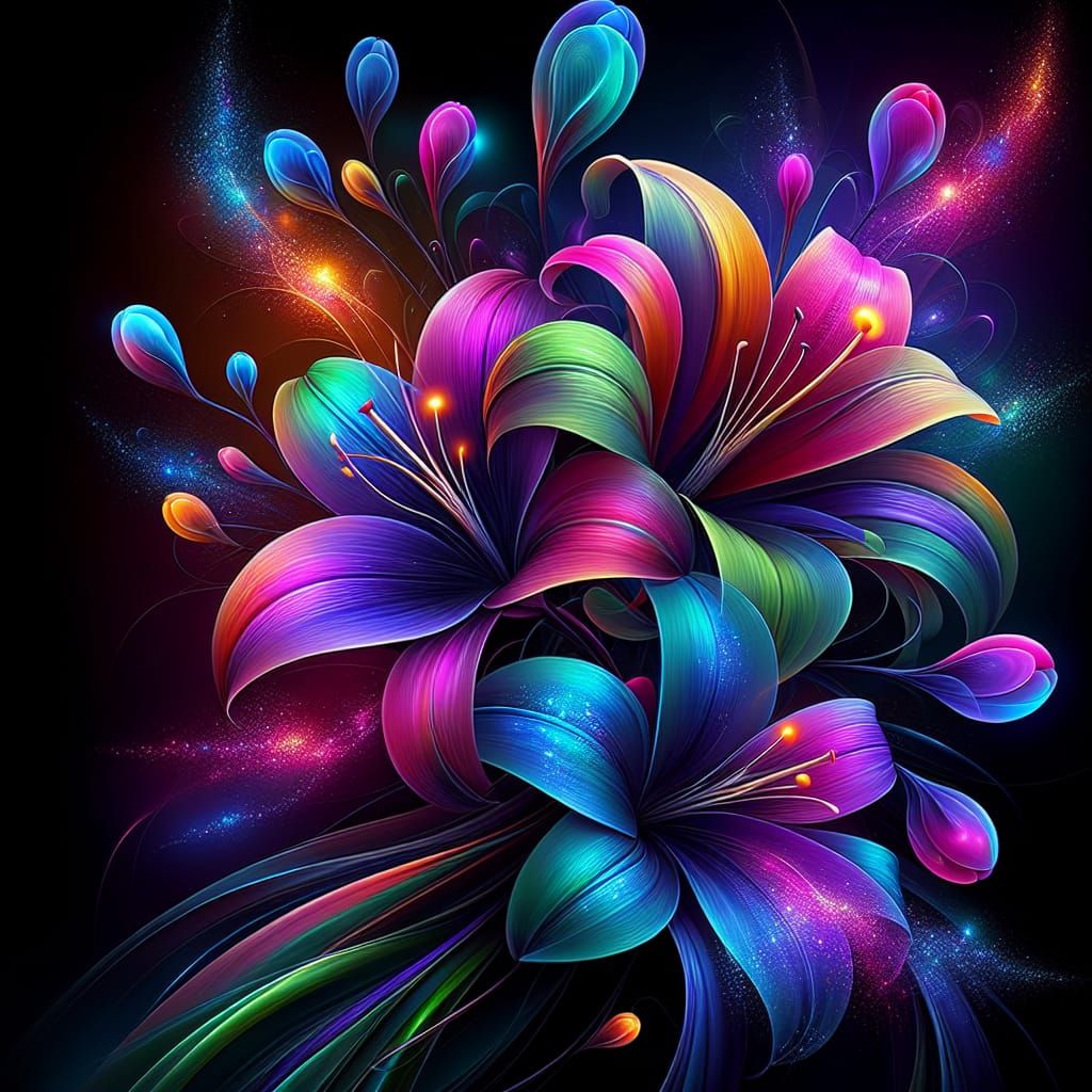 Vibrant Abstract Flowers Bouquet on Black Background