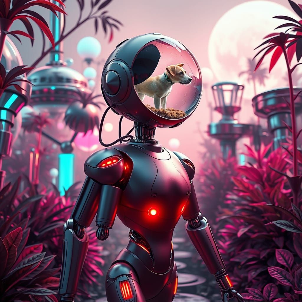 Humanoid Robot in Surreal Futuristic Garden
