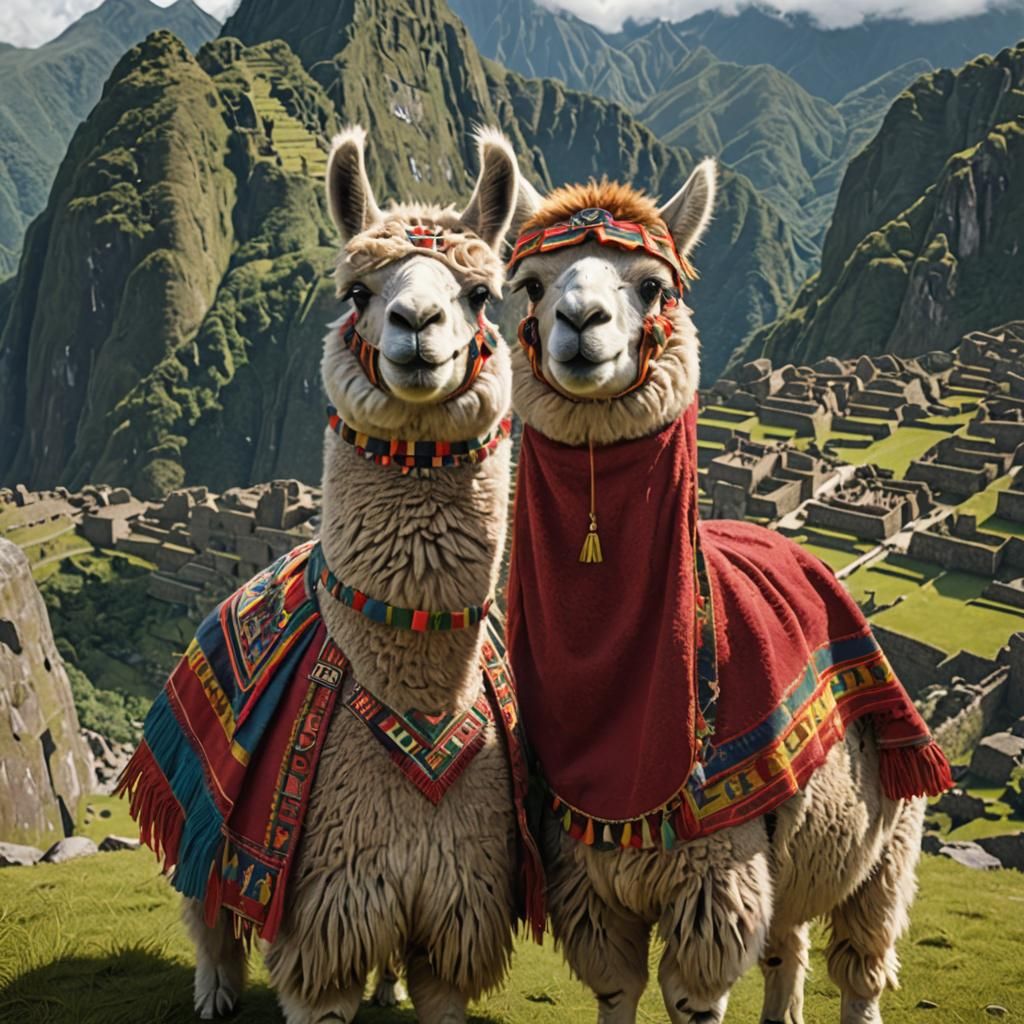 Lama and Alpaca at Machu Picchu in Cinematic Style