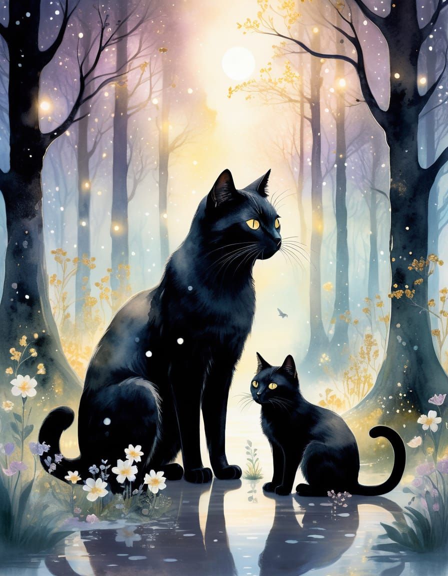 Black Cat Family in Forest, Dreamy Watercolor